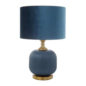 20 in. Blue Fabric Ribbed Task and Reading Table Lamp with Velvet Shade and Gold Accents