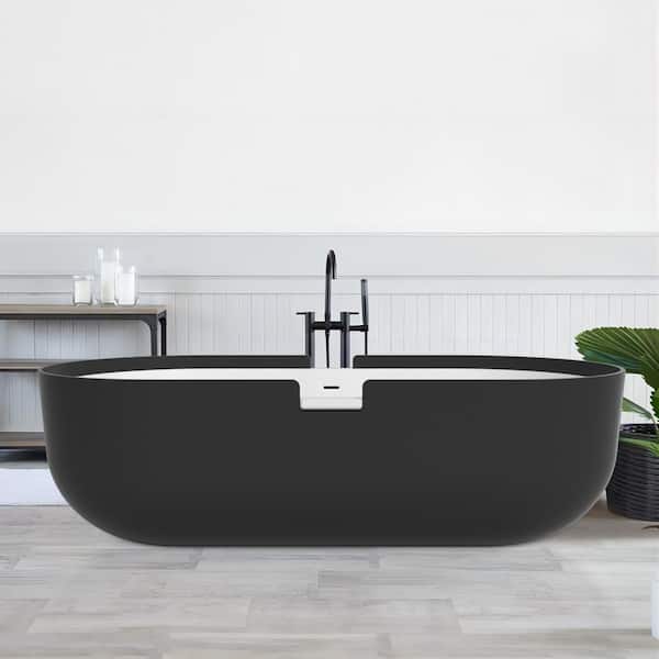 UPIKER Lively 70.8 in. W. x 35.4 in. Soaking Solid Surface Black Bathtub with Center Drain in Stainless Steel