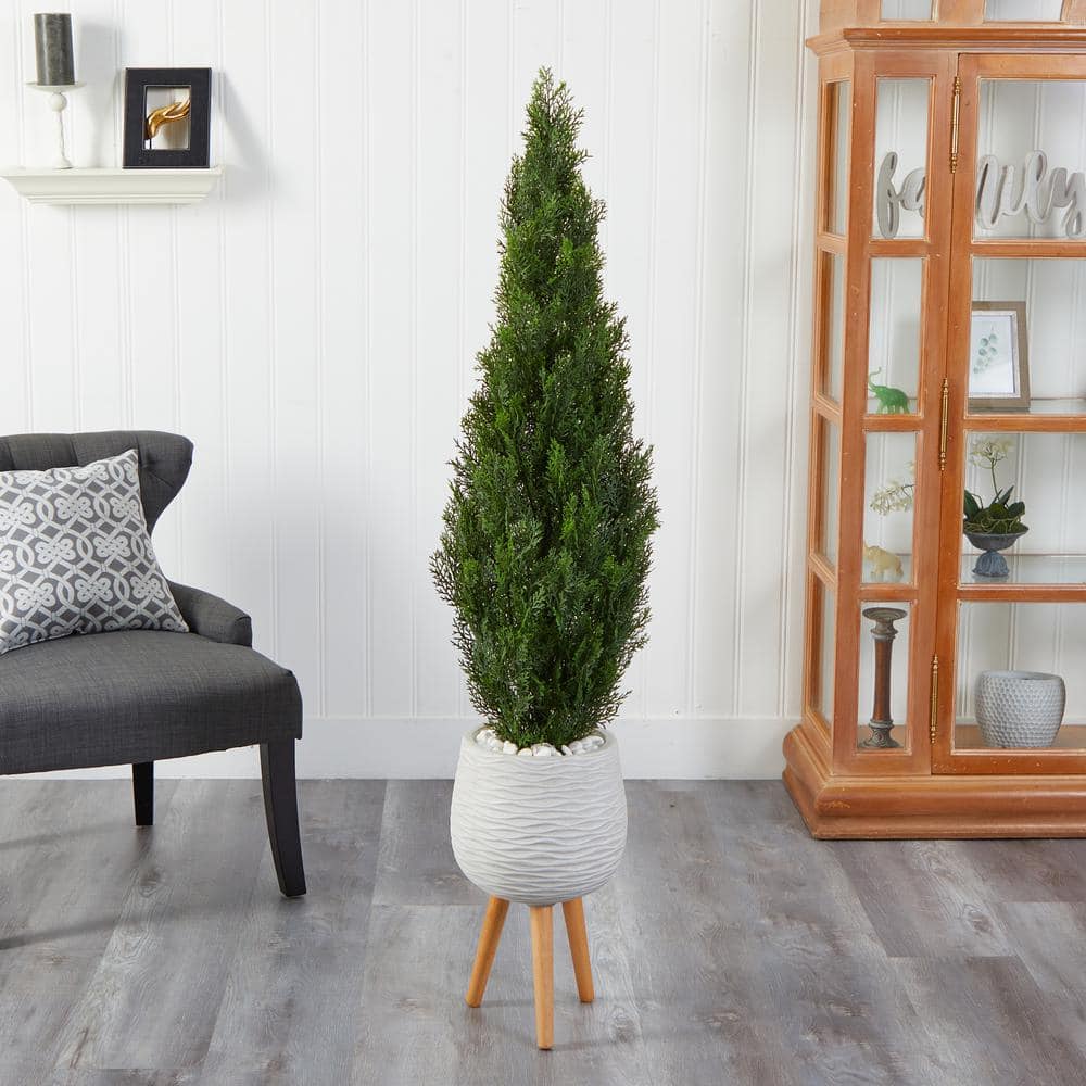 Nearly Natural 5 ft. Cedar Artificial Tree in White Planter with Stand ...