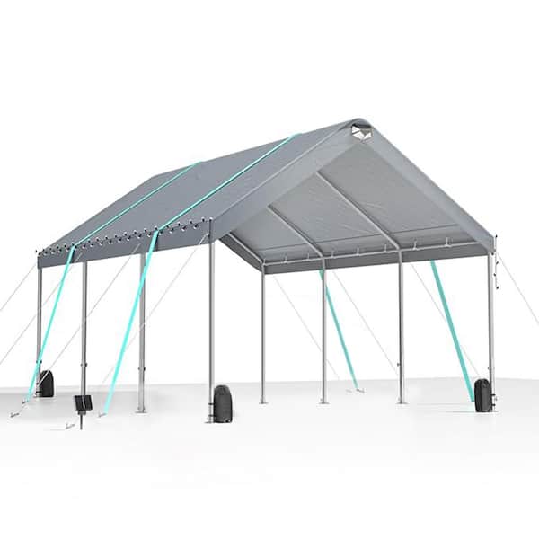 Unbranded 12 ft. W x 20 ft. D x 11 ft. H Adjustable Height Heavy Duty Metal Carport with Solar Lights and Windproof Sandbags