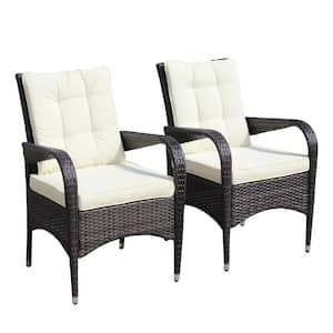 2-Piece Wicker Outdoor Bar Stool Dining Chairs with Beige Cushions for Patio, Garden and Deck