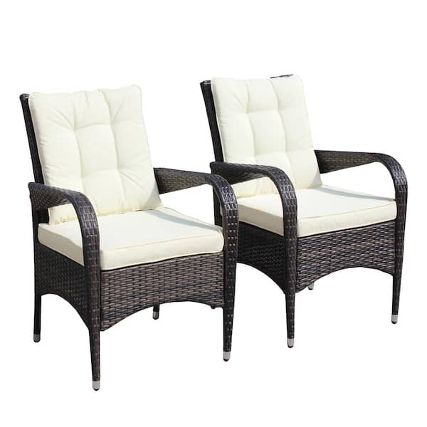 Zeus & Ruta 2-Piece Wicker Outdoor Bar Stool Dining Chairs with Beige Cushions for Patio, Garden and Deck