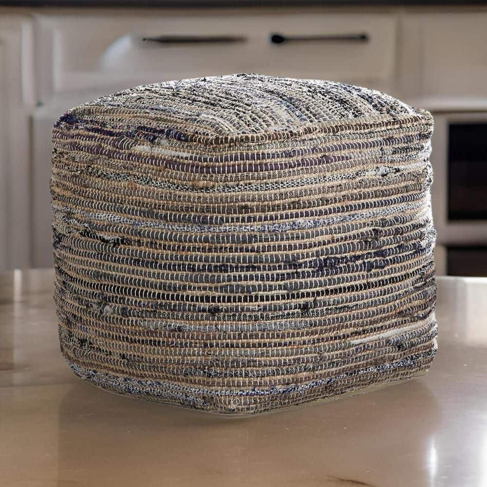 Benjara Multicolor Fabric Square Handwoven Pouf with Zipper