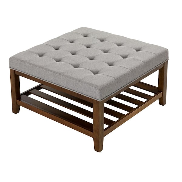 GOOD & GRACIOUS Ottoman 34 ft. x 34 ft. Gray 100% Linen Tufted Farmhouse With Solid Wooden Shelf
