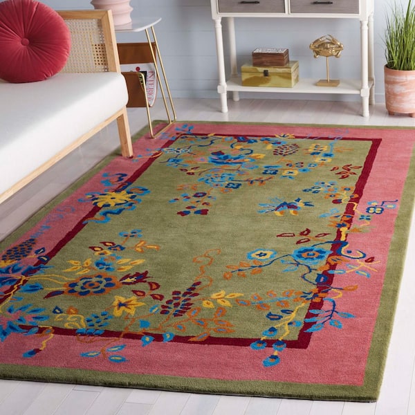 Metro Green/Pink 5 ft. x 8 ft. Ornate Floral Border Area Rug