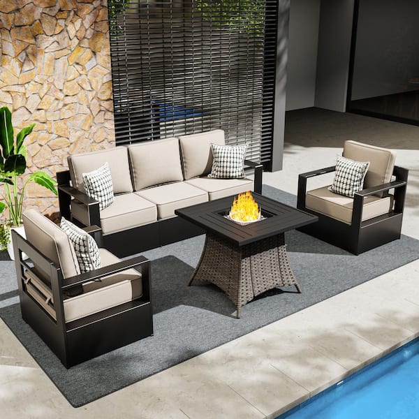 4-Piece Fire Pit Patio Set Aluminum Outdoor Patio Conversation Set with Sofa, Lounge Chairs and Thick Beige Cushions