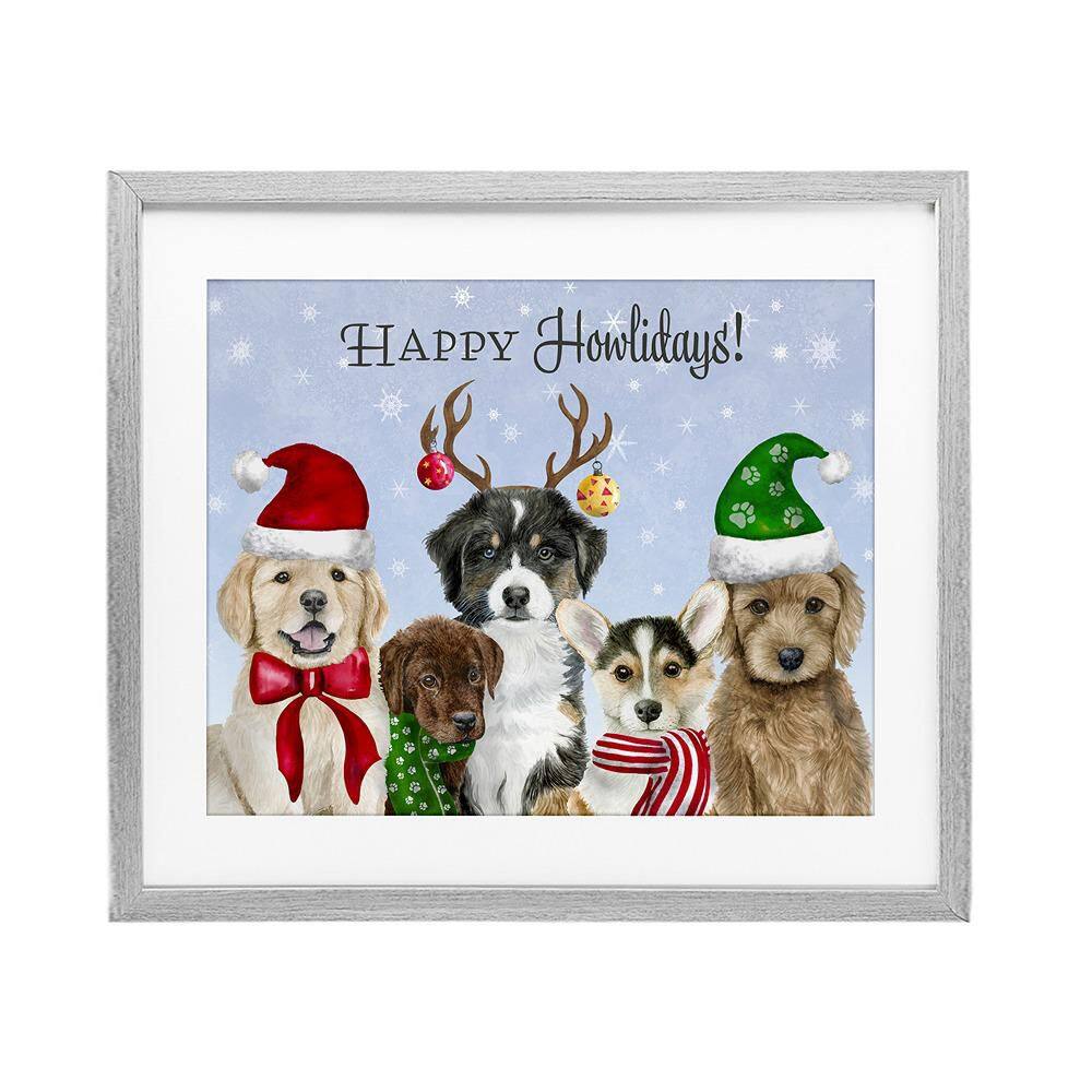 Happy Holidays Seasonal Puppies by Brett Blumenthal 1-Piece Gray Framed Graphic Animal Art Print 13 in. x 16 in. price history on PriceWatchPro