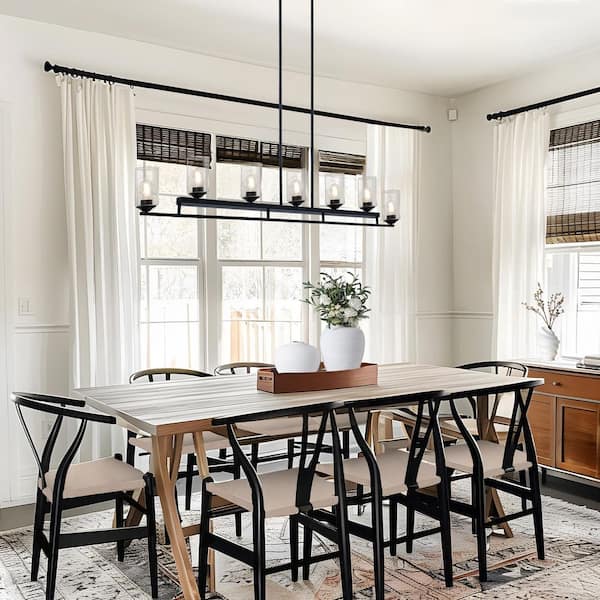 Large 53.1 in. 7-Light Black Island Chandelier with Clear Cylindrical Glass Shades for Kitchen Island and Dining Room