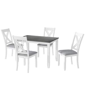 White Minimalist 5-Piece Wood Outdoor Dining Table Set with Gray Table Top, 4 X-Back Chairs and Gray Cushions