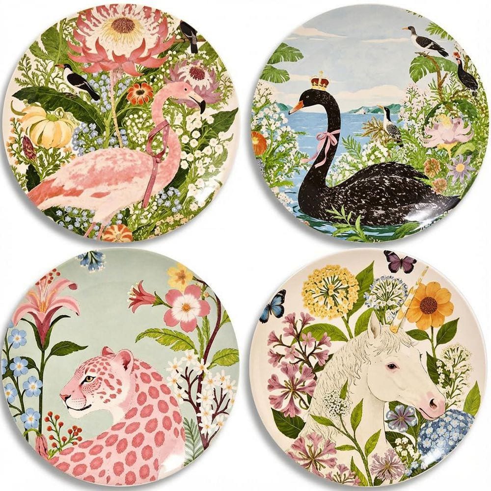 4-Piece 8.5 Inch Ceramic Dessert Salad Appetizer Plates Set Nature-Inspired Illustrated Prints Microwave price history on PriceWatchPro