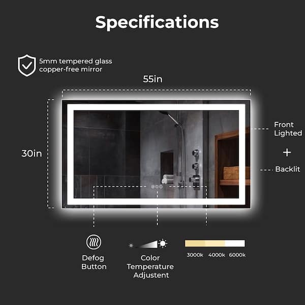 55 in. W x 30 in. H Rectangular Frameless Anti-Fog LED Light Wall Bathroom Vanity Mirror
