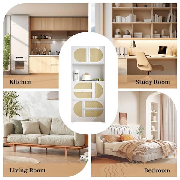 Tatayosi 11.8 in. W x 31.5 in. D x 71 in. H White Storage Cabinet with Rattan Doors, Pantry Hutch Cabinet Ready to Assemble