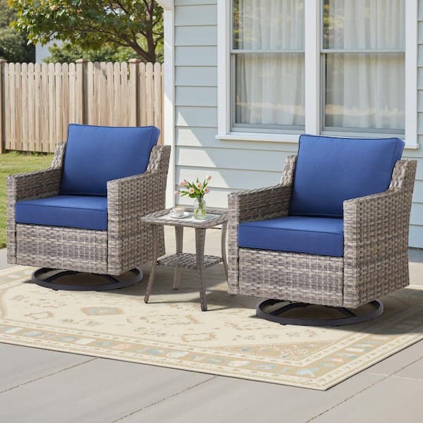 3-Piece Gray Wicker Patio Conversation Set Outdoor Rocking Chair with Side Tables, Swivel Chairs Including Blue Cushions