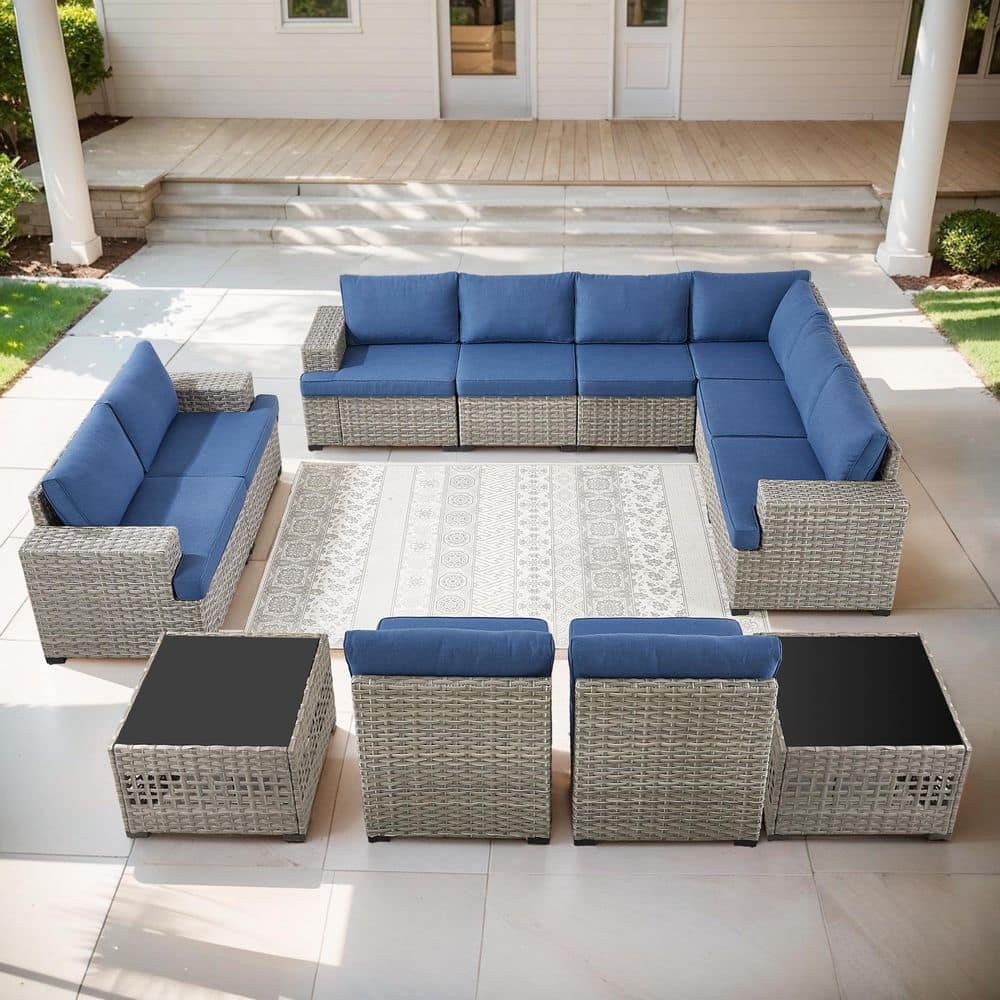 ModNest Taupe 12-Piece Wicker Patio Conversation Set, Modular Sectional Sofa with Navy Blue Cushions and Coffee Table price history on PriceWatchPro