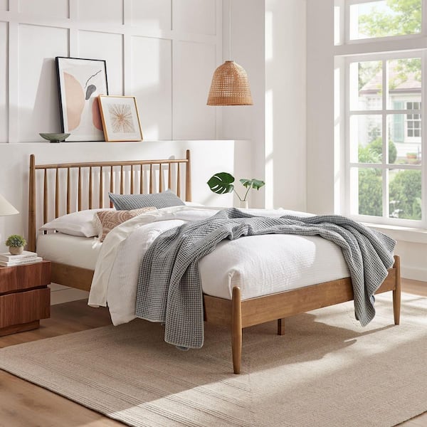 Zane Walnut Brown Solid Rubberwood Frame King Spindle Platform Bed