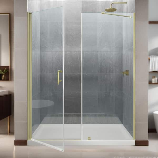 Lonni 60 in. to 60 9/16 in. x 72 in. Frameless Pivoting Shower Door in Brushed Gold with Clear Glass