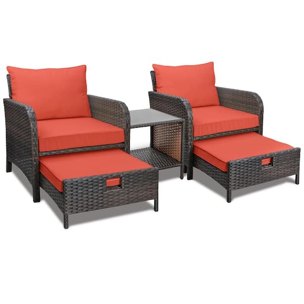 Amagenix Balcony Furniture 5-Piece PE Wicker Rattan Outdoor Set with Lounge Chairs and Orange Red Soft Cushions