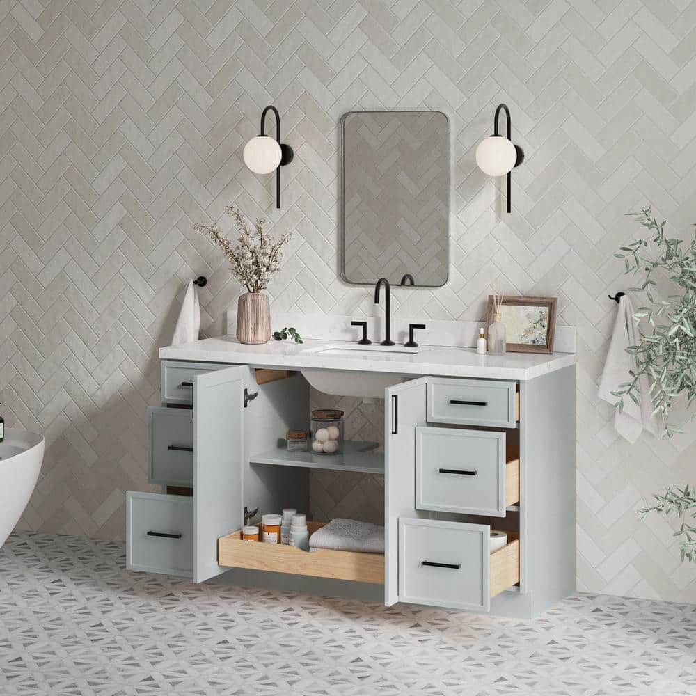 Gray Solid Wood Single Sink Bathroom Vanity with Carrara Quartz Top