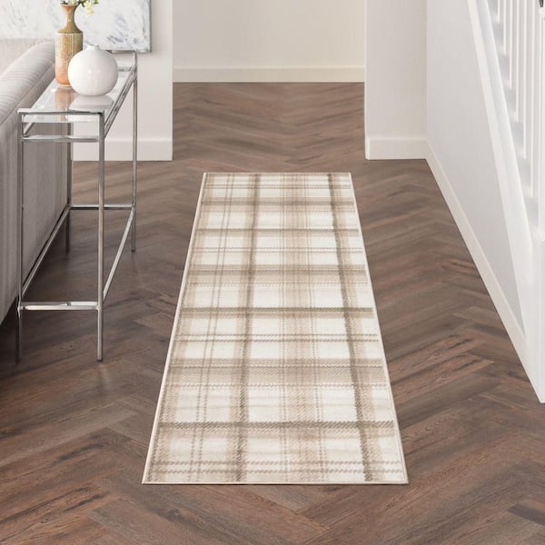 Grafix Ivory Beige 2 ft. x 12 ft. Plaid Contemporary Runner Area Rug