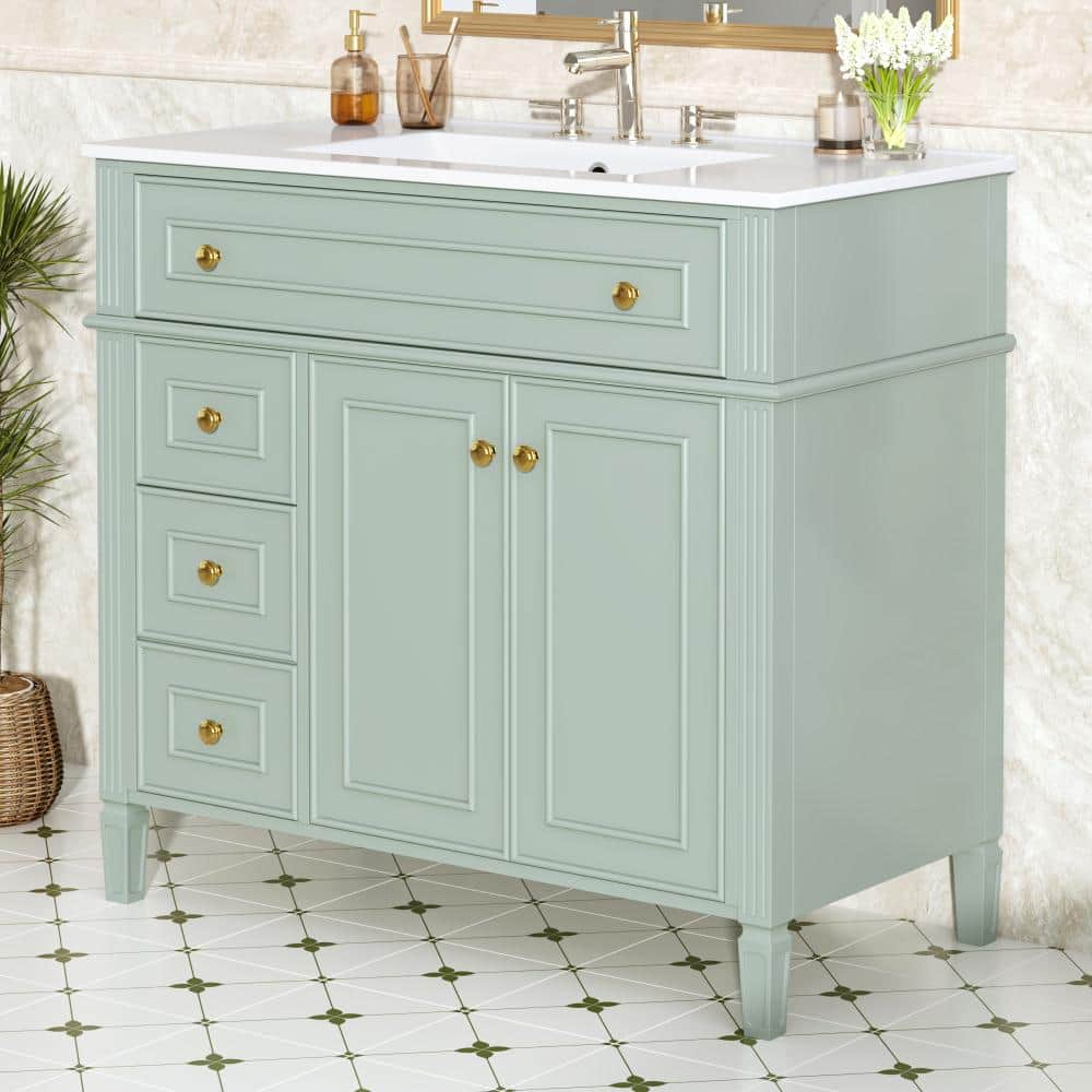 36 in. Green Bath Vanity with White Ceramic Top with Flip-Out Drawer, 3 Drawers and 2 Soft-Close Doors price history on PriceWatchPro