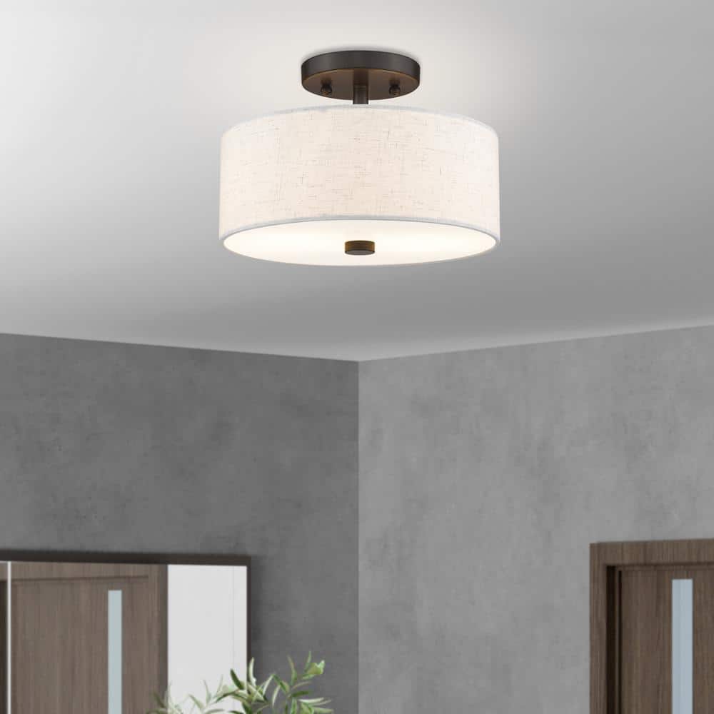 English Bronze 2-Light Semi-Flush Mount with Oatmeal Shade