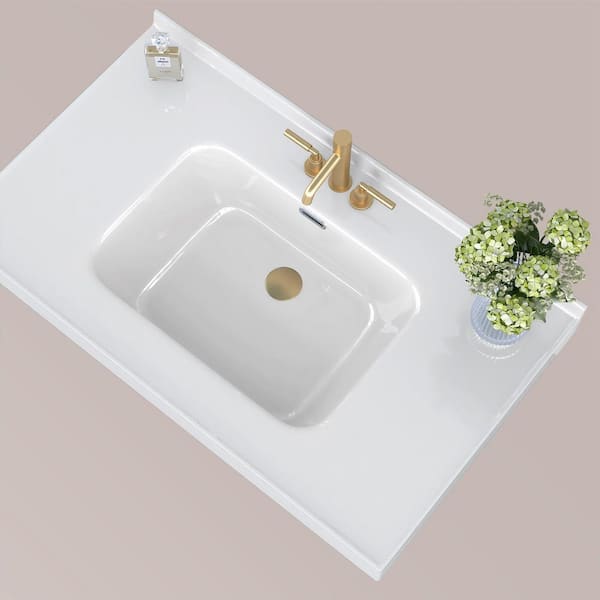 37 in. W x 22 in. D Solid Surface Resin White Vanity Top Rectangular Single Sink Bathroom Vanity Top in Glossy White
