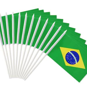 Brazil Stick Flag Brazilian 5 in. x 8 in. Handheld Mini Flag with 12 in. White Solid Pole Hand Held Spear Top (1-Dozen)