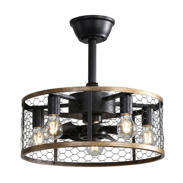 20 in. Vintage Black Indoor Fandelier Ceiling Fan Lighting with Cage Lampshade and Remote Control