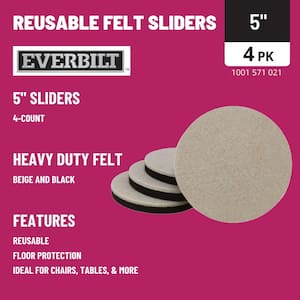 5 in. Beige and Black Round Felt Heavy Duty Furniture Slider Pads for Hard Floors (4-Pack)