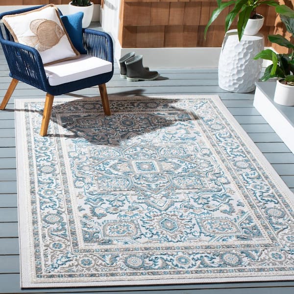 Cabana Navy/Gray Doormat 3 ft. x 5 ft. Border Medallion Floral Indoor/Outdoor Patio Area Rug