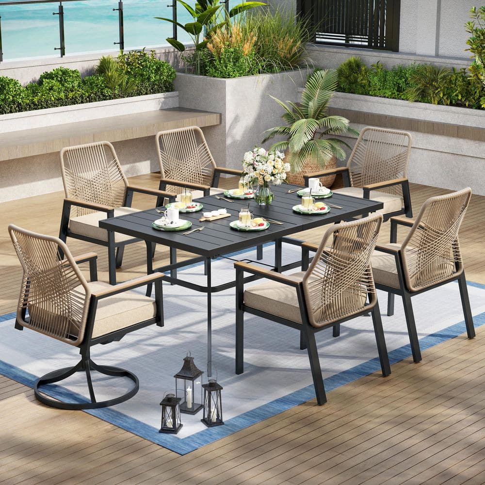 7-Piece Black Metal Patio Outdoor Dining Set with Rectangle Table and Woven Rope Chair with Beige Cushions price history on PriceWatchPro
