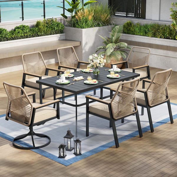 7-Piece Black Metal Patio Outdoor Dining Set with Rectangle Table and Woven Rope Chair with Beige Cushions