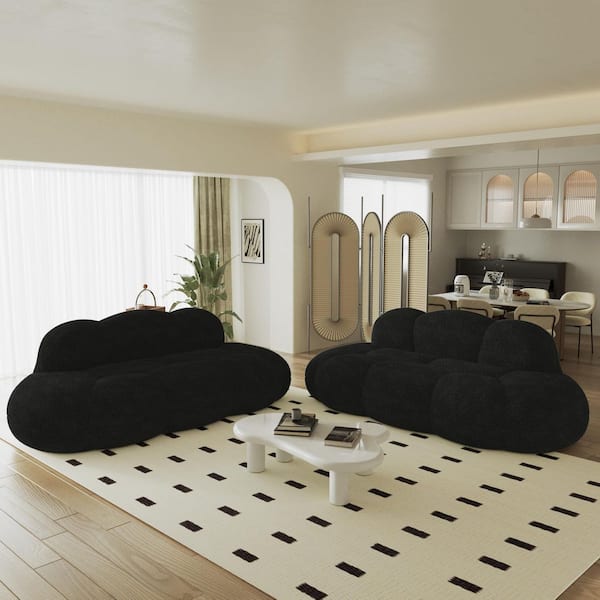 Oversized Leisure Boneless Couch, 2-Piece Black Lamb Fleece Fabric Memory Foam Cozy Living Room Set, No Assembly