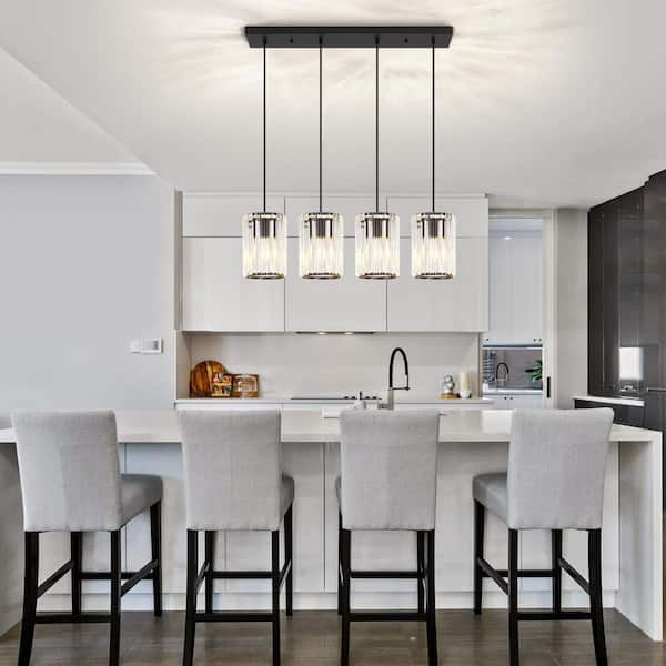 Baunoisk Black Metal & Crystal Pendant Light - Kitchen Island, Dining Room, Bedroom - 9.4" X 56.7" - 500 Lumen - 60W LED - Touch Control - Black Finish