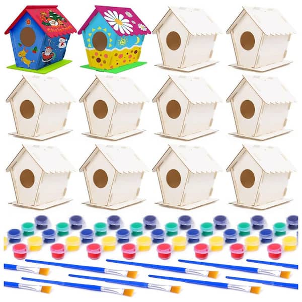 Multi-Color Wooden DIY Build and Paint Bird House Kits Crafts Arts for Children with Paints & Brushes (12-Pack)