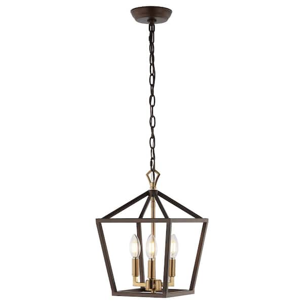 Ojai 10 in. 3-Light Iron Modern Cage Lantern LED Pendant Light, Oil Rubbed Bronze/Brass Gold