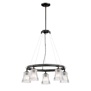 Graham Avenue 5-Light Smoked Iron Wheel Chandelier with Clear Pressed Glass Shades