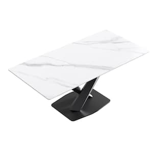 70.87 in. Rectangle White Sintered Stone Tabletop Dining Table with Black Carbon Steel Base (Seats 8)