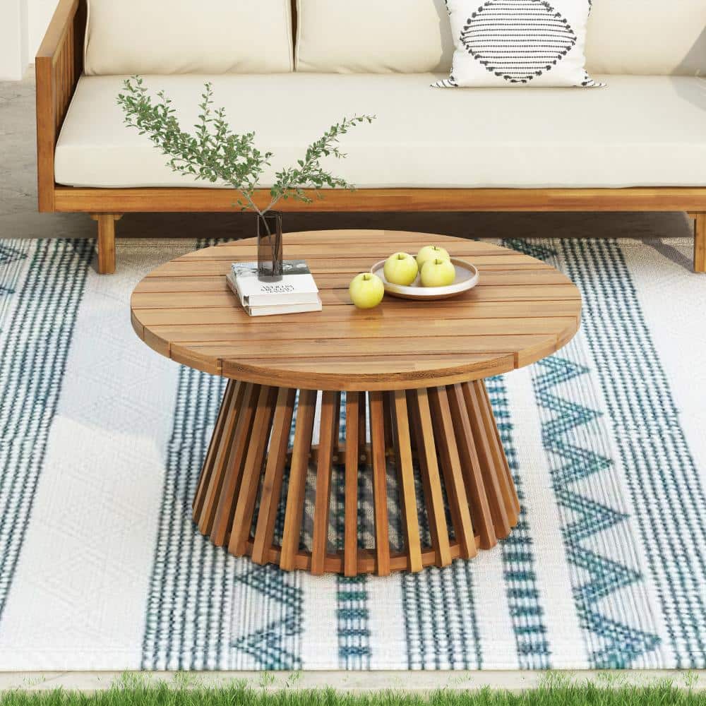 31.5 in. Round Acacia Wood Outdoor Patio Coffee Table with Slatted Pedestal Base, Teak Finish price history on PriceWatchPro