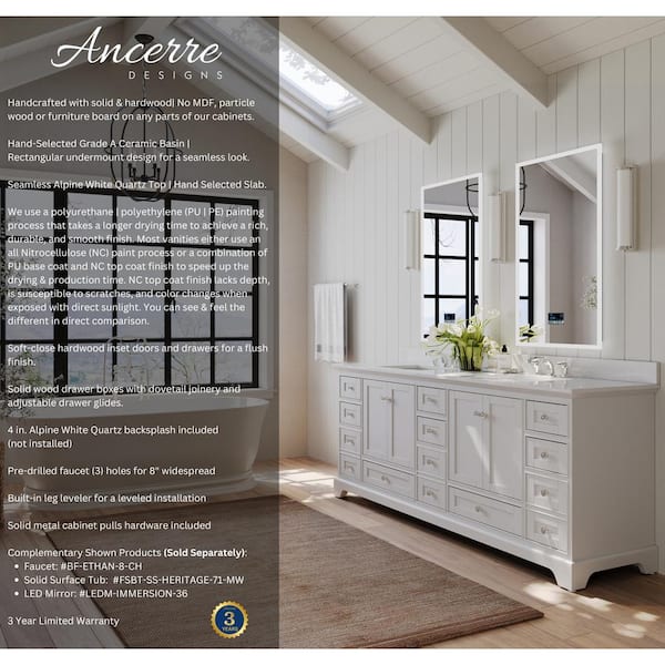 Audrey 84 in. W x 22 in. D x 34.3 in. H Double Sinks Bath Vanity in White with Alpine White Quartz Top