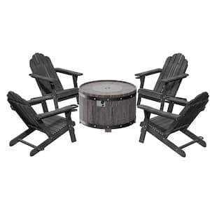 36 in. Round Gas Metal Fire Pit with 5 Back Panel Fixed Outdoor Adirondack Chair in Gray