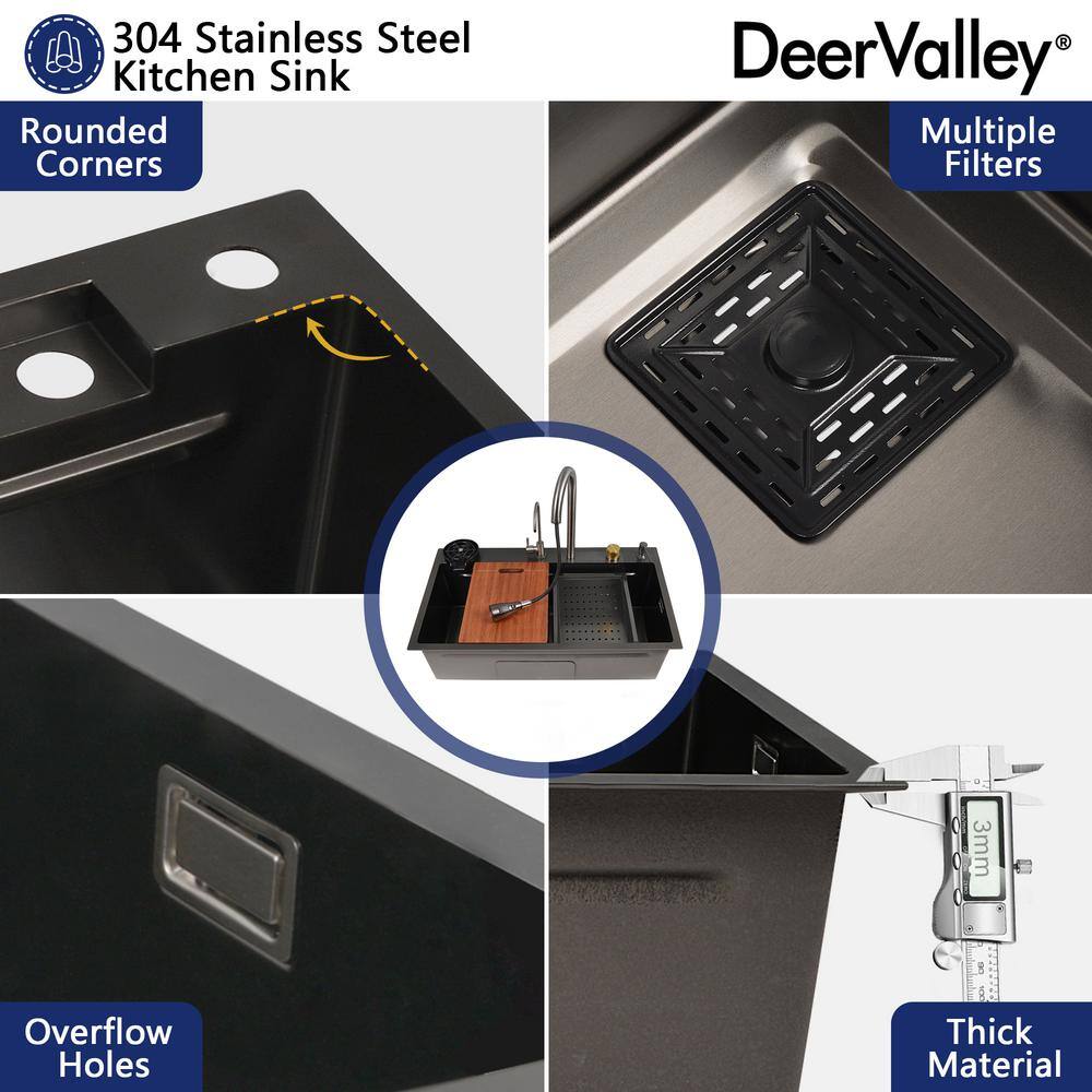 32" Black Stainless Steel Drop-In Single Bowl Kitchen Sink Workstation