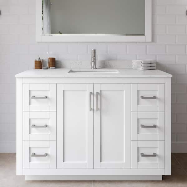 Wyndham Collection Miranda 48 in. W Single Bath Vanity in White with Cultured Marble Vanity Top in LV Carrara with White Basin and Mirror
