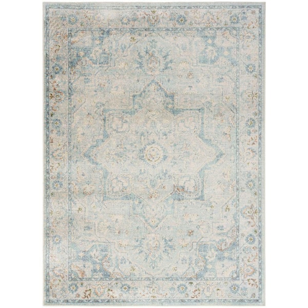 Nourison Astra Machine Washable Light Blue 5 ft. x 7 ft. Center medallion Traditional Area Rug