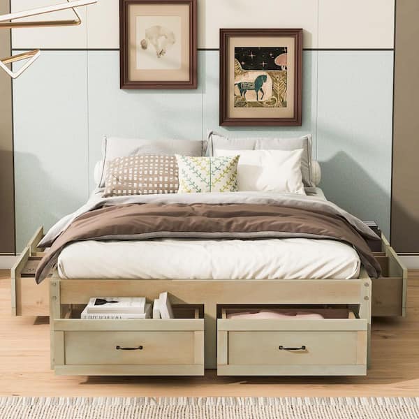 Harper & Bright Designs Antique Natural (Yellow) Wood Frame Full Size Retro Platform Bed with 6 Storage Drawers