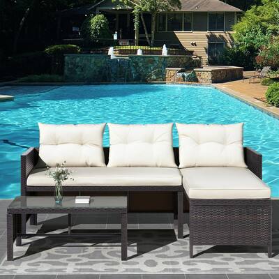 3-Piece Outdoor Rattan Furniture Sofa Set with Beige Cushions