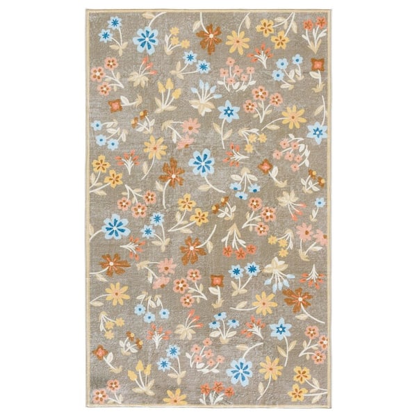 SAFAVIEH Martha Stewart Washable Dark Beige/Light Blue 4 ft. x 6 ft. Machine Washable Floral Area Rug