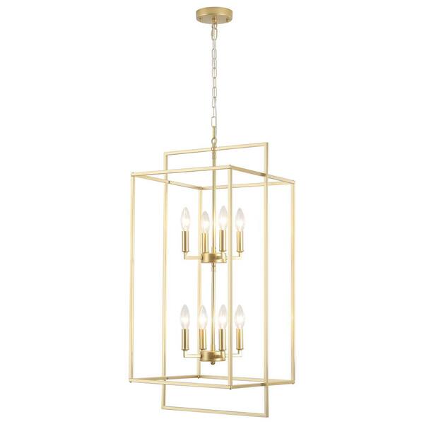 8-Light Gold Modern Geometric Rectangle Lantern Tiered Hanging Ceiling Chandelier for Living Room