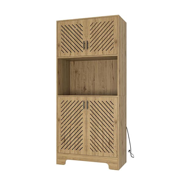 Unbranded Natural Wood Pantry Organizer 71 in. Tall Freestanding Kitchen Pantry Storage Cabinet Cupboard with Microwave Stand