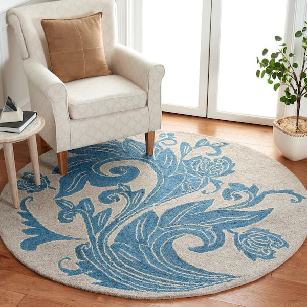 Abstract Beige/Blue  6 ft. x 6 ft. Oversized Floral Round Area Rug